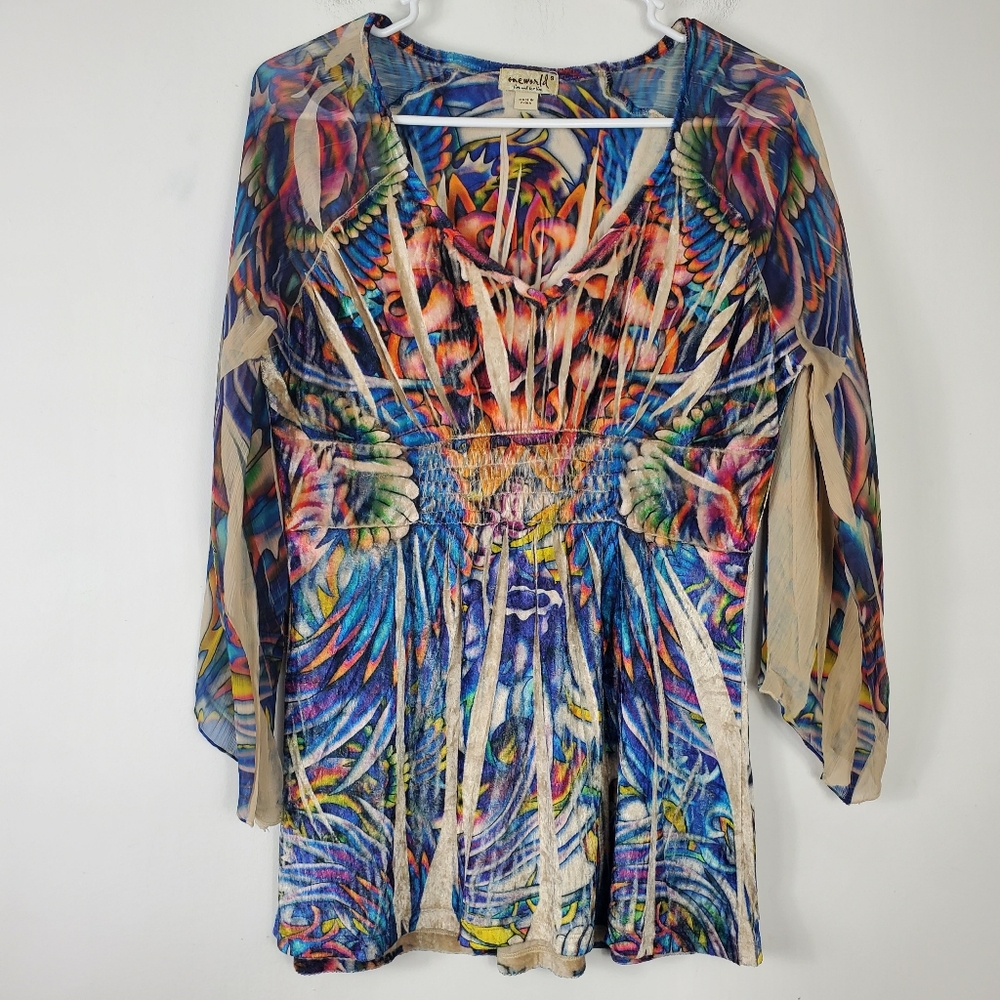 Oneworld Abstract Art Y2K Top Womens Size S Flared Bell Sleeve Tattoo Art Hippie